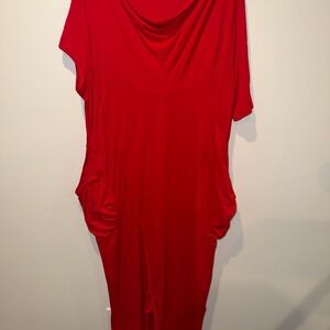 Aakasha Red Lagenlook Asymmetric Draped Midi Dress with Pockets - 2XL